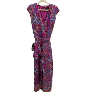 Tahari Womens Faux Wrap Jumpsuit Cap Sleeve Paisley Purple Boho Festival Size 10